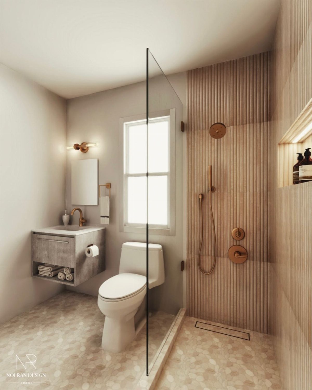Modern bathroom with a white toilet, floating vanity, and a wood-slat walk-in shower.