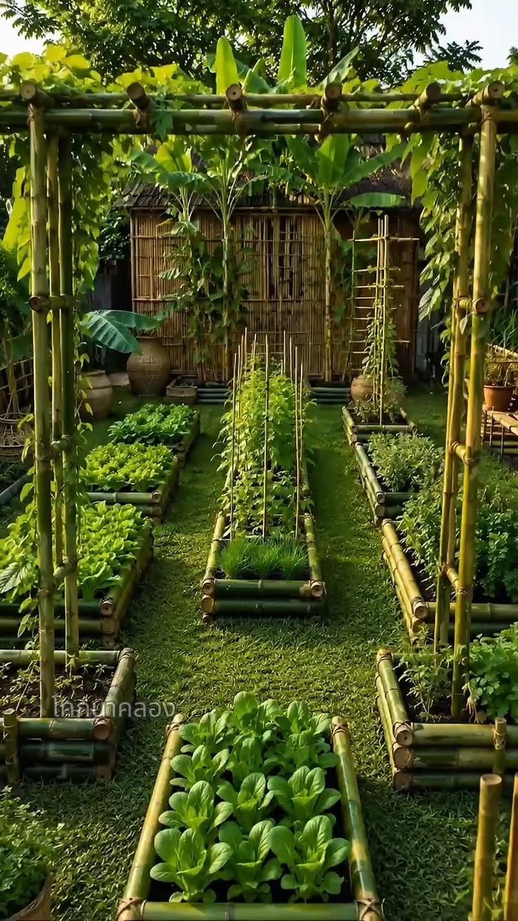 Above Ground Garden Ideas: 12 Ways to Build a Raised Bed 10 Bamboo raised garden beds filled with green leafy vegetables arranged on a manicured lawn.