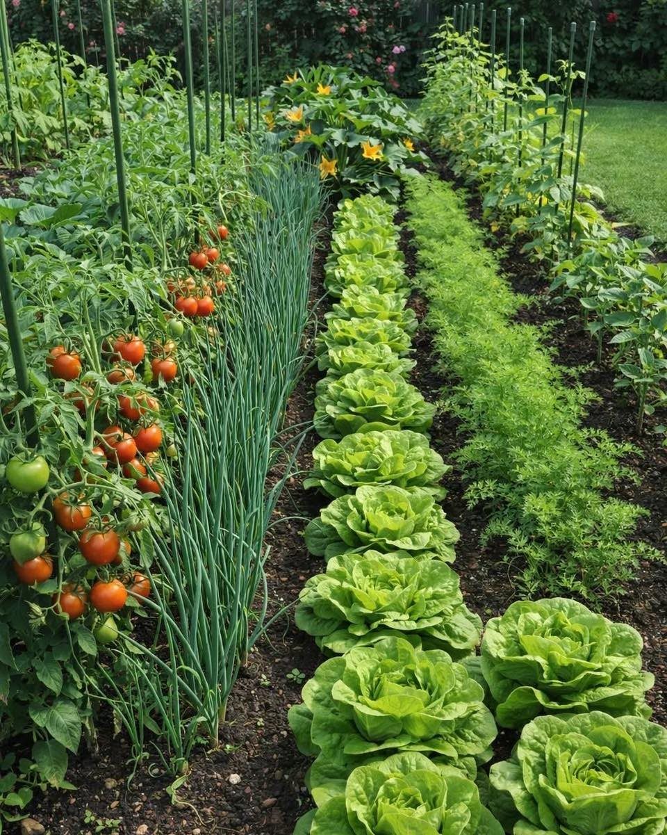 Above Ground Garden Ideas: 12 Ways to Build a Raised Bed 1 Rows of tomatoes, onions, lettuce, and herbs growing densely in a vegetable garden.