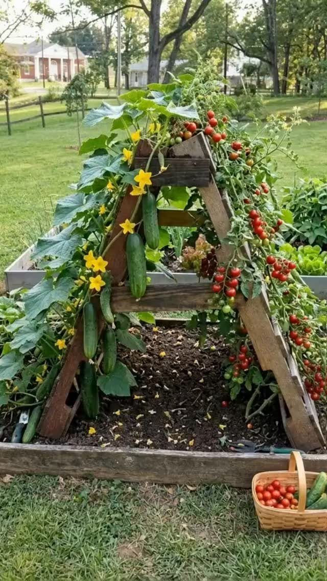 Above Ground Garden Ideas: 12 Ways to Build a Raised Bed 11 Climbing cucumber and tomato plants growing on a wooden A-frame trellis in a raised garden bed.