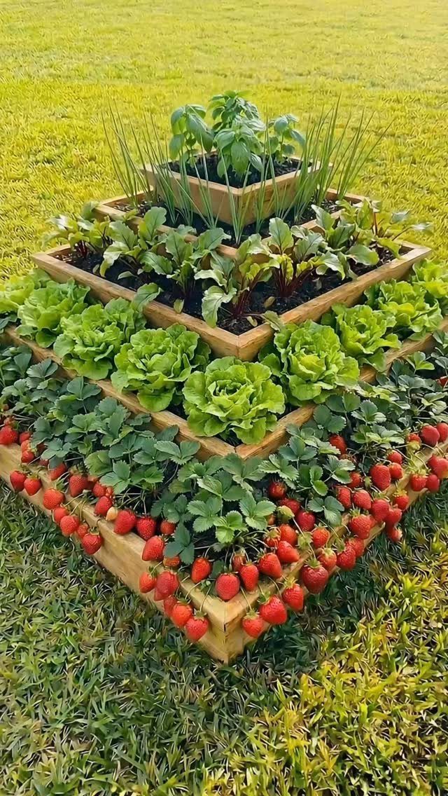Above Ground Garden Ideas: 12 Ways to Build a Raised Bed 9 A tiered wooden raised garden bed filled with basil, lettuce, and strawberries on a green lawn.