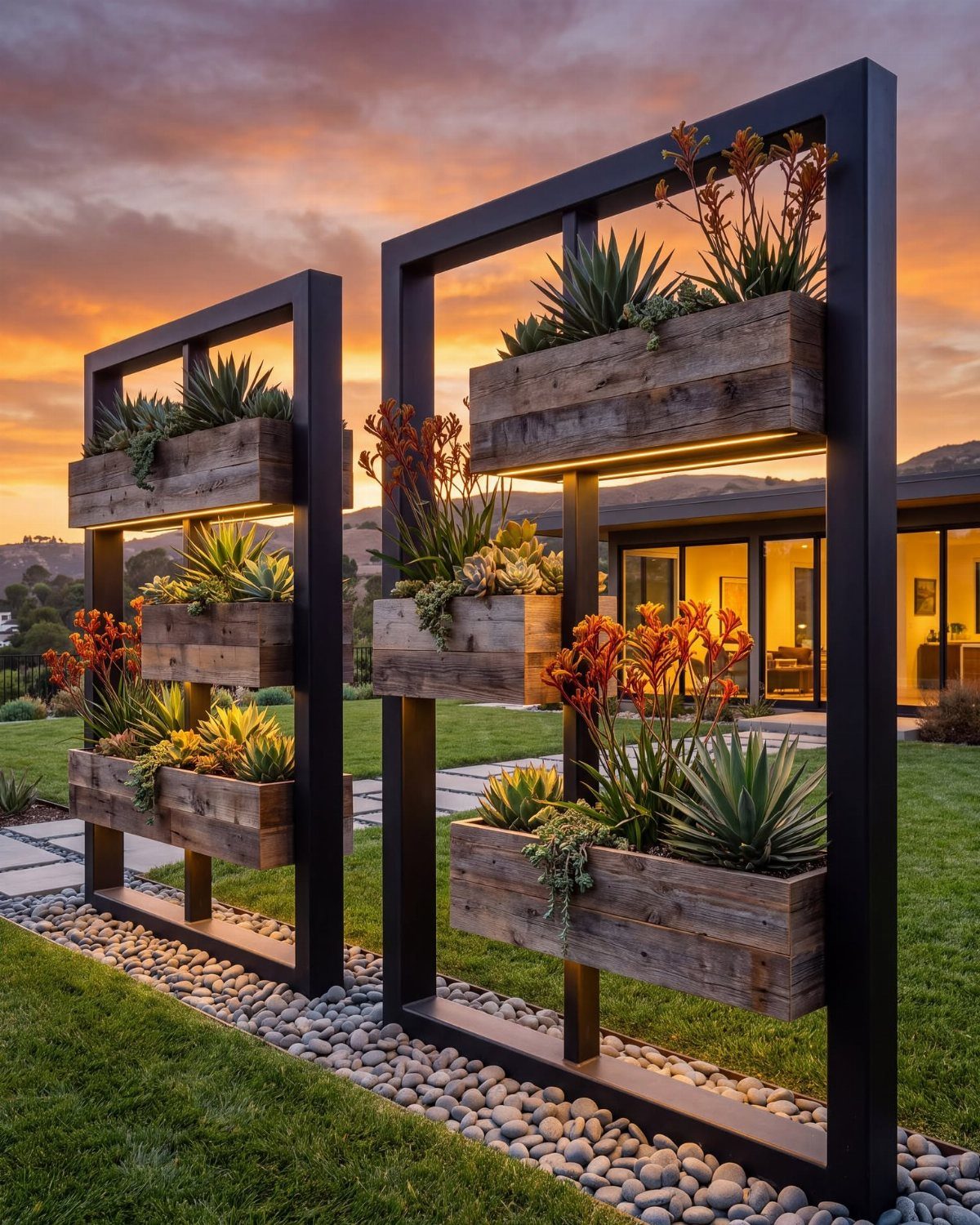 Above Ground Garden Ideas: 12 Ways to Build a Raised Bed 8 Two black metal frames holding wooden planter boxes with succulents against a sunset sky.