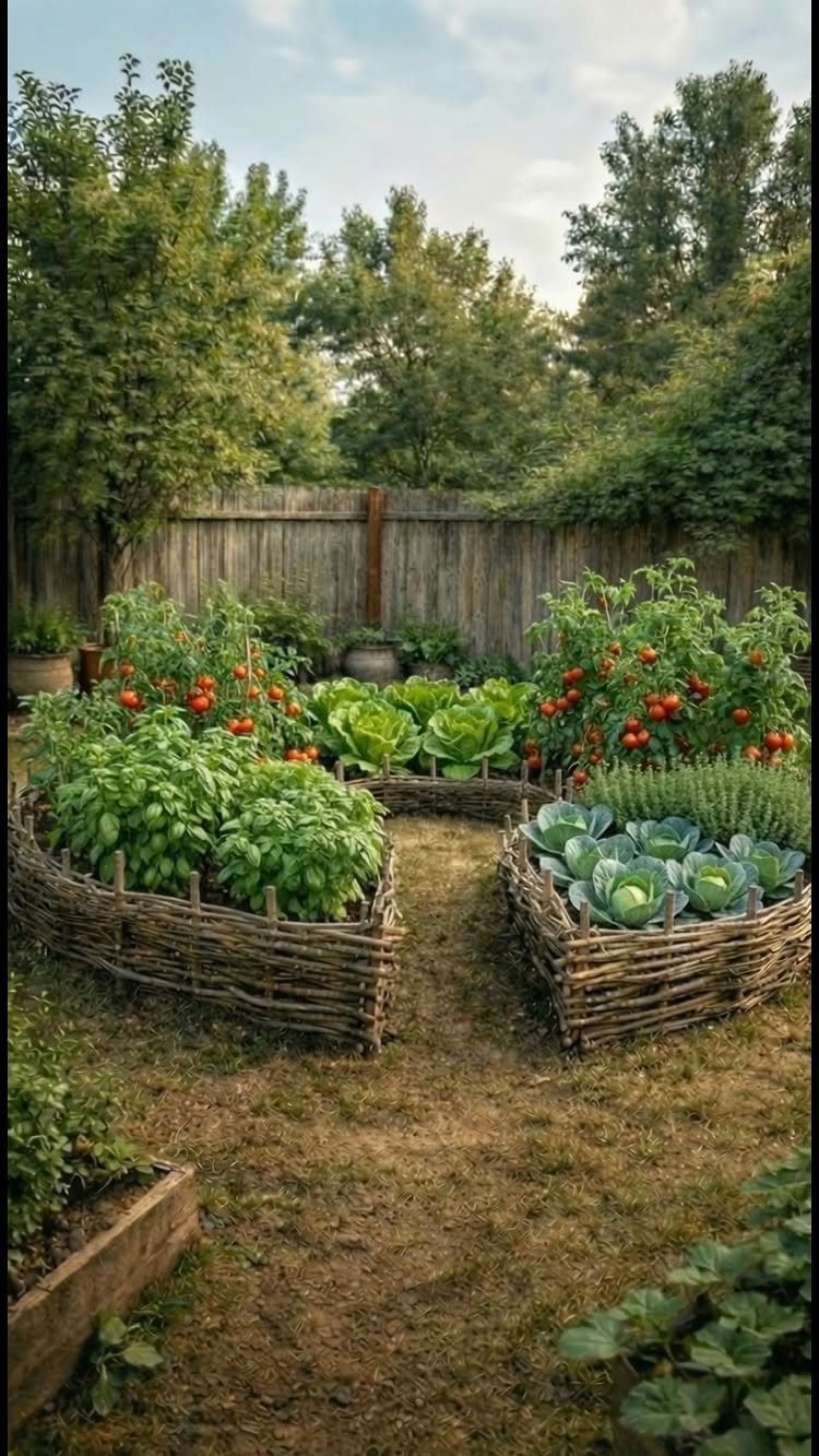 Above Ground Garden Ideas: 12 Ways to Build a Raised Bed 6 Woven branch garden beds filled with green vegetables and red tomatoes in a backyard garden.