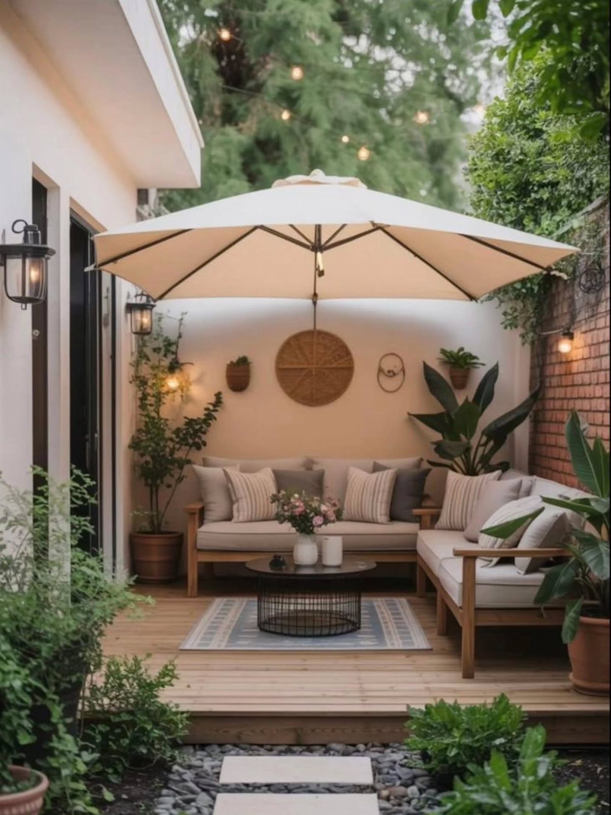 17 Backyard Deck Designs for Every Yard and Budget 9 A cozy small wooden deck with outdoor furniture, a large umbrella, and lush green plants.