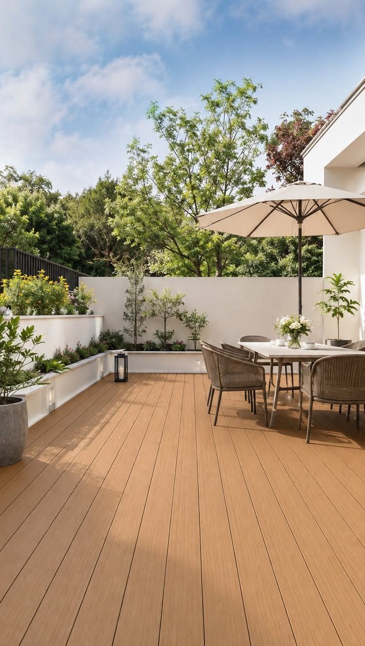17 Backyard Deck Designs for Every Yard and Budget 2 Wooden deck featuring a dining table with grey chairs and a large beige patio umbrella.