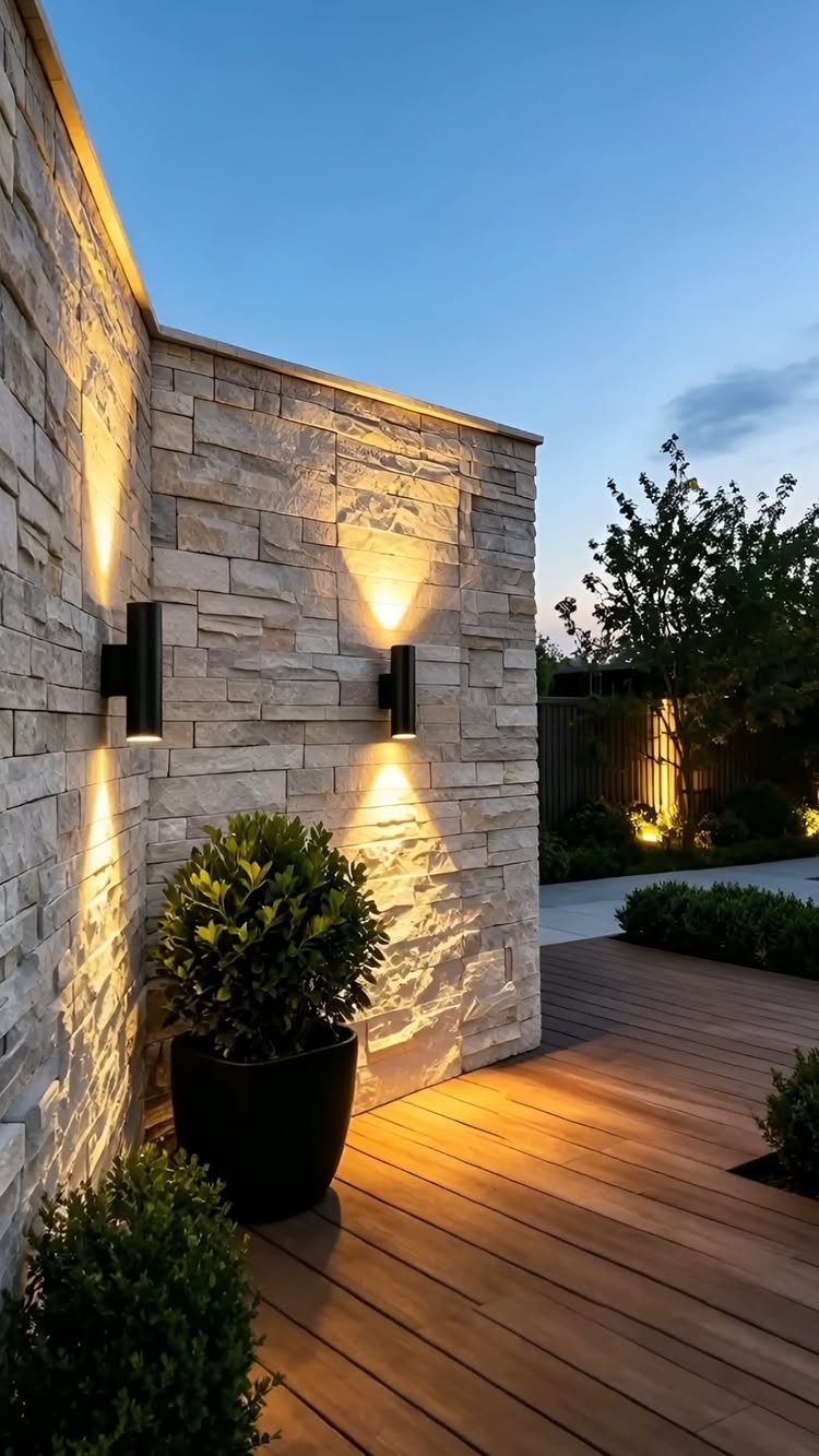 17 Backyard Deck Designs for Every Yard and Budget 5 Modern black wall sconces illuminating a stone wall and wooden deck at dusk.