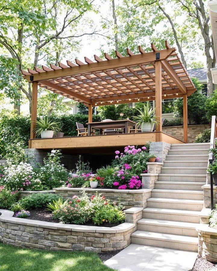 17 Backyard Deck Designs for Every Yard and Budget 15 Wooden pergola deck elevated above stone retaining walls and stairs with lush garden landscaping.