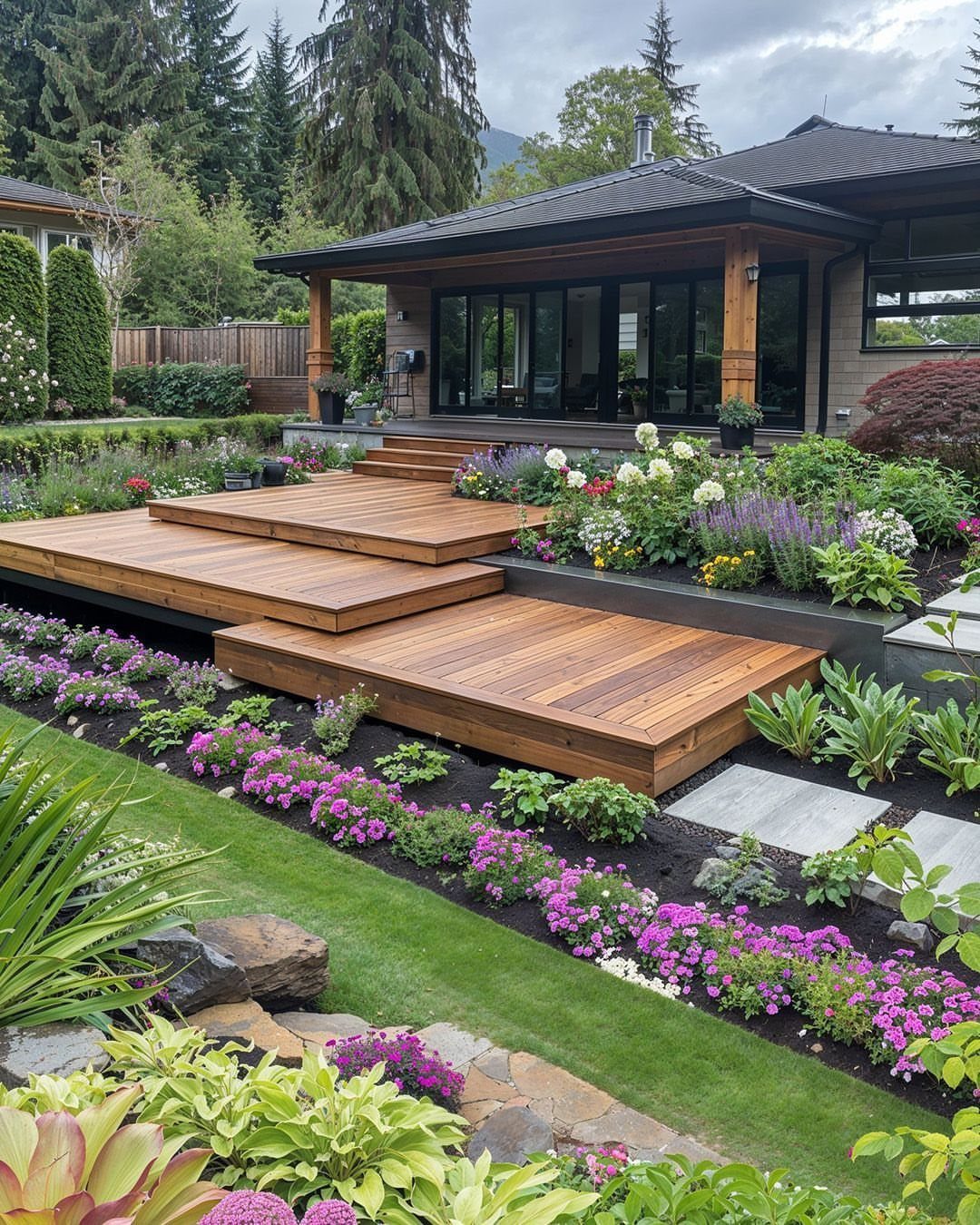 17 Backyard Deck Designs for Every Yard and Budget 8 Multi-level wooden deck platforms surrounded by vibrant flower beds and lush green landscaping.