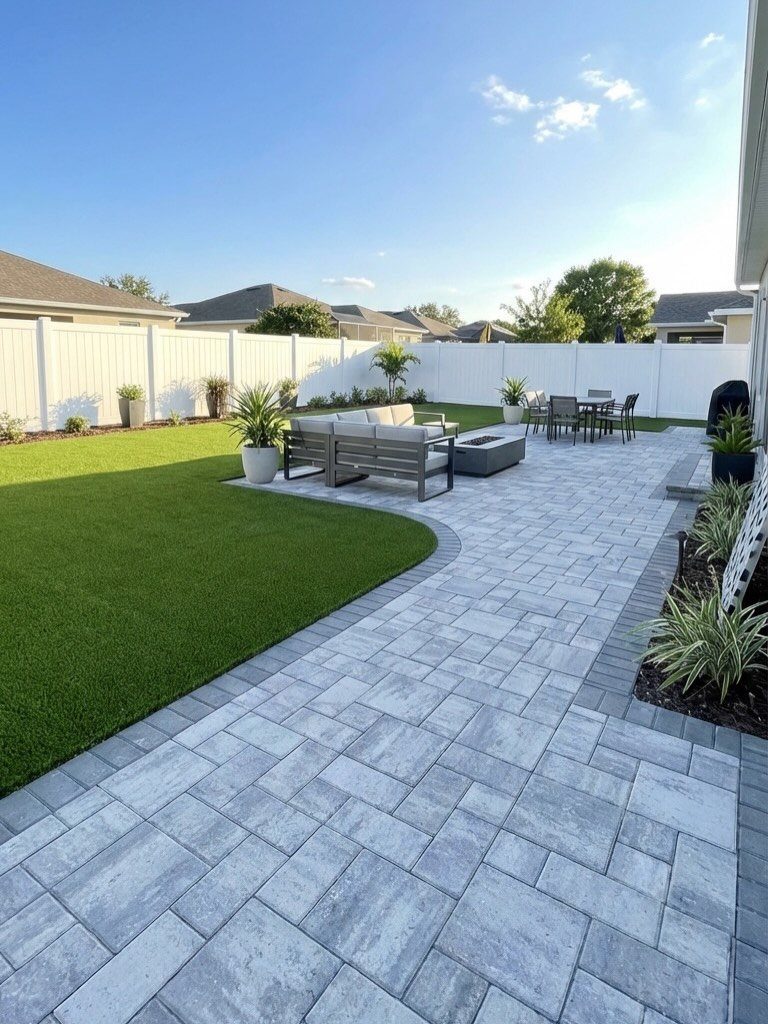 Grey stone paver patio with separate lounge and dining areas next to a green lawn.