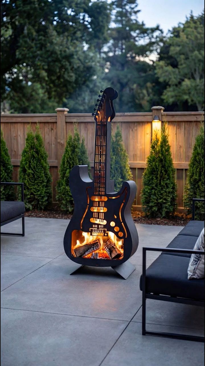 A guitar-shaped metal fire pit burning logs on a modern concrete patio.