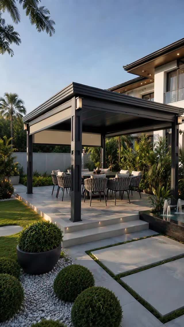 Modern outdoor patio with a dark pergola, dining furniture, and integrated step lighting.