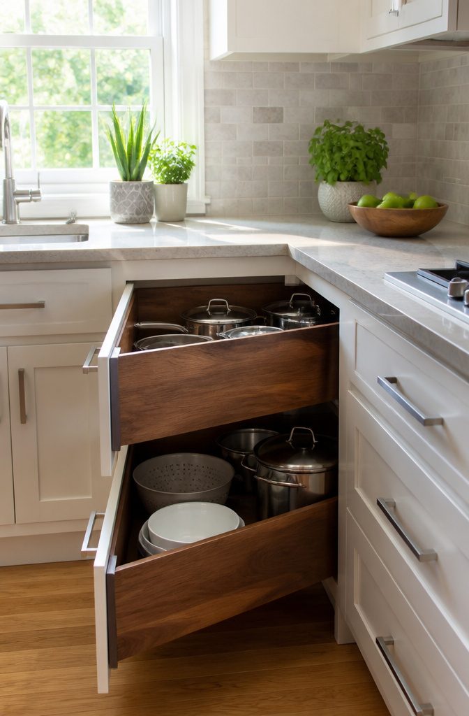 Corner drawers in a kitchen reveal organized pots and pans.