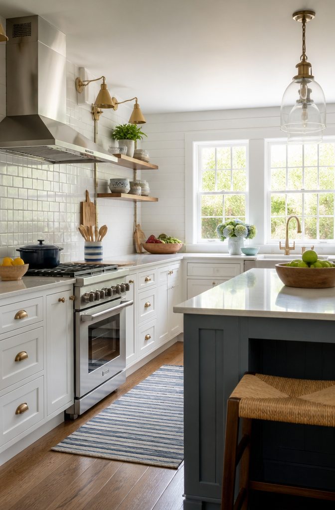 A Cape Cod kitchen with clear landing zones and natural light.