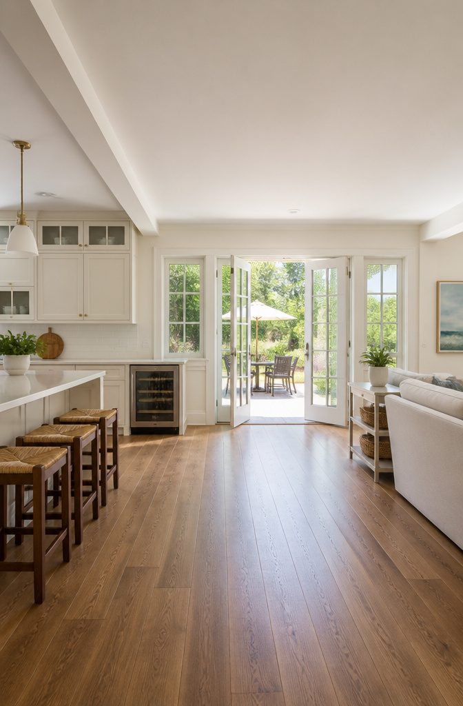 French doors connecting a Cape Cod kitchen to an outdoor patio.