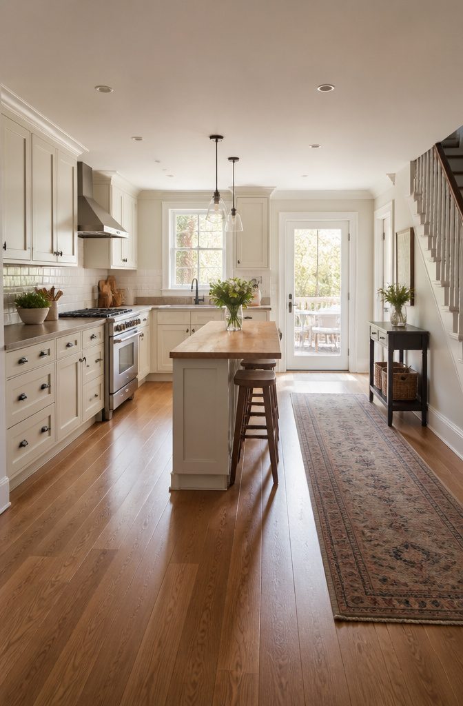 A kitchen island with stools in place of a traditional breakfast nook.