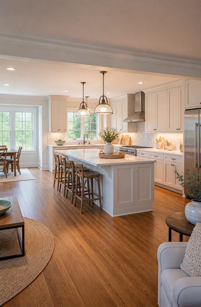 A well-lit Cape Cod kitchen featuring recessed and task lighting.