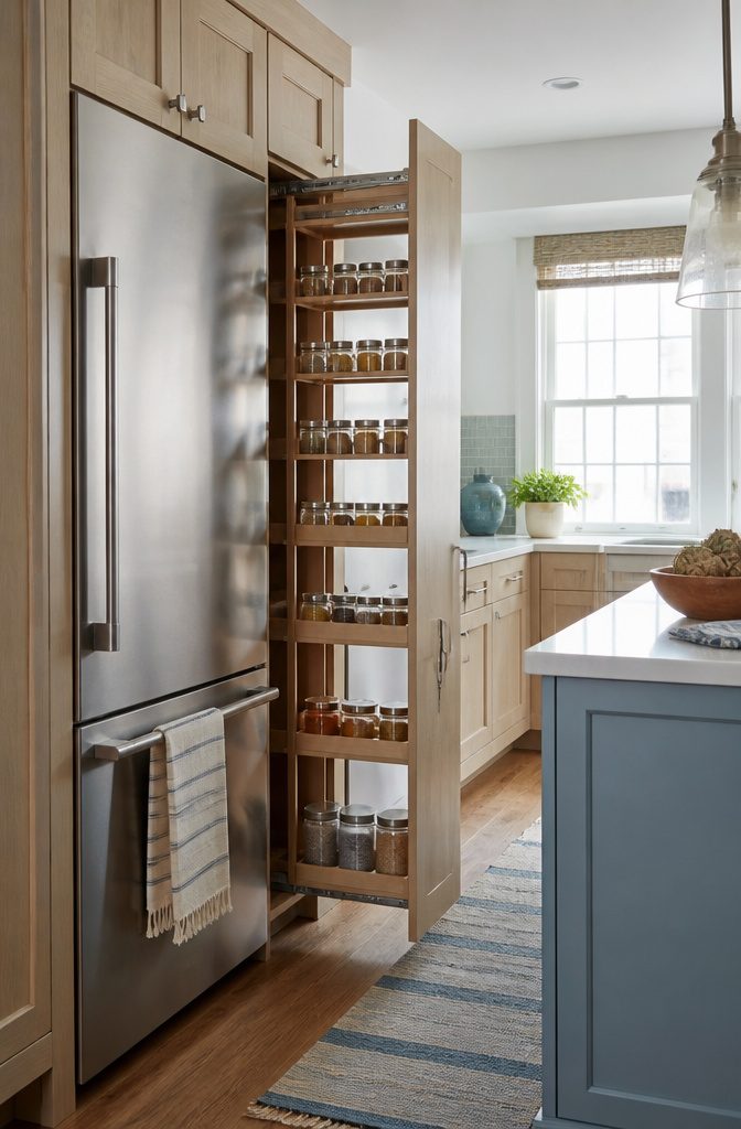 A pull-out pantry with labeled jars and sliding shelves beside a refrigerator.