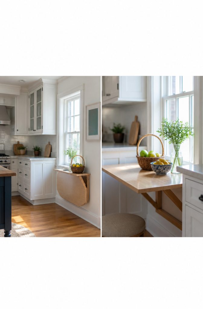 Fold-down shelving in a Cape Cod house renovation for versatile use.