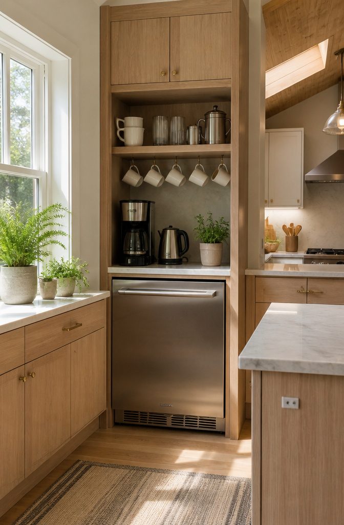 A beverage zone in a Cape Cod kitchen with mug storage and a fridge drawer.