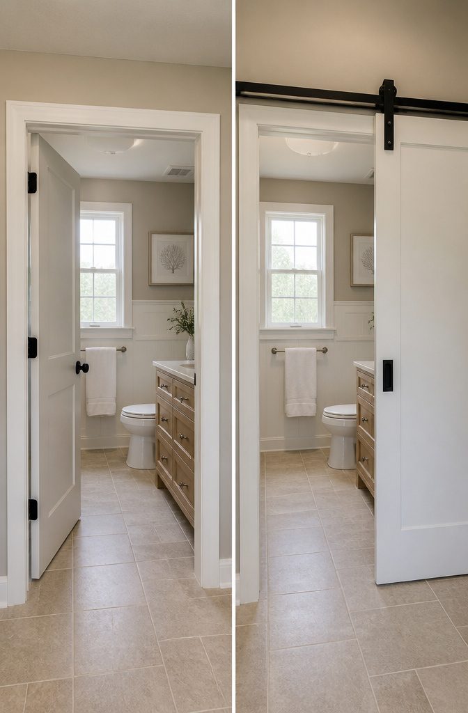 A sliding door in a Cape Cod bathroom replaces a traditional swinging door.