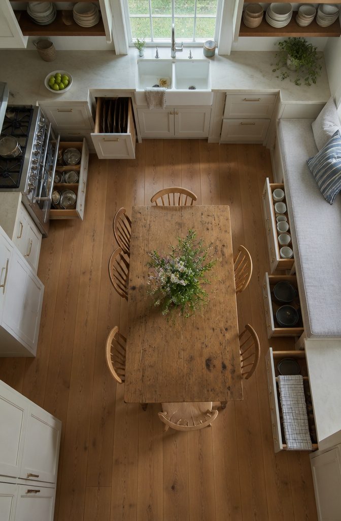 Storage solutions in a Cape Cod kitchen for maximizing space and organization.