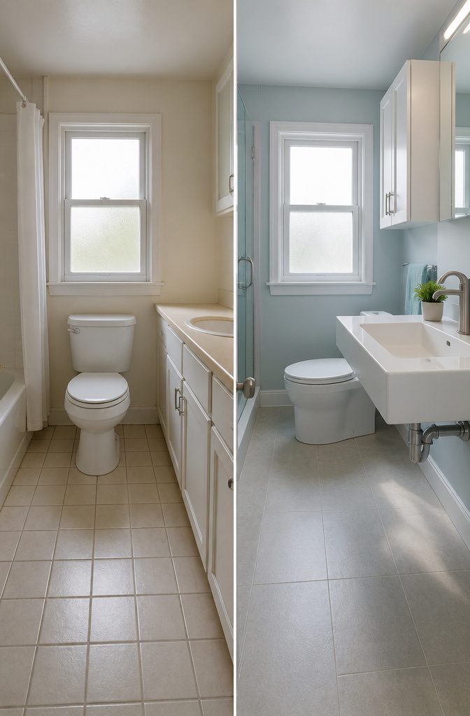 A wall-mounted sink in a small Cape Cod bathroom with visible floor tiles.