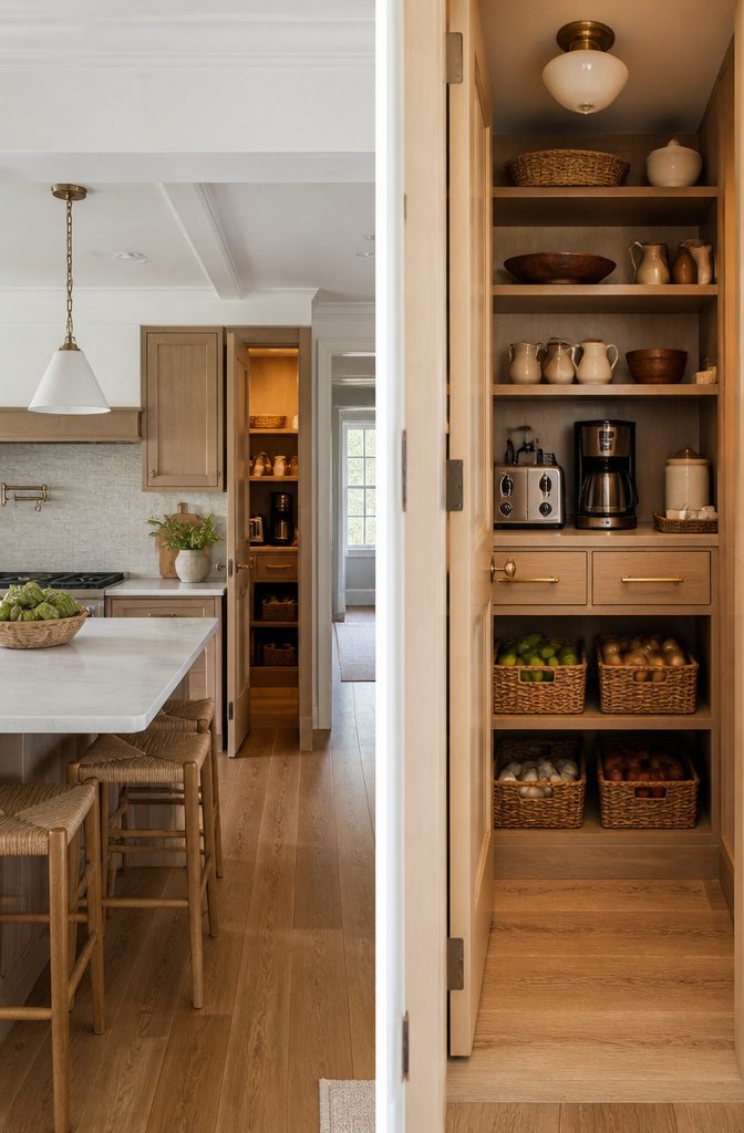 A working pantry with extra cabinetry and countertop space in a kitchen.