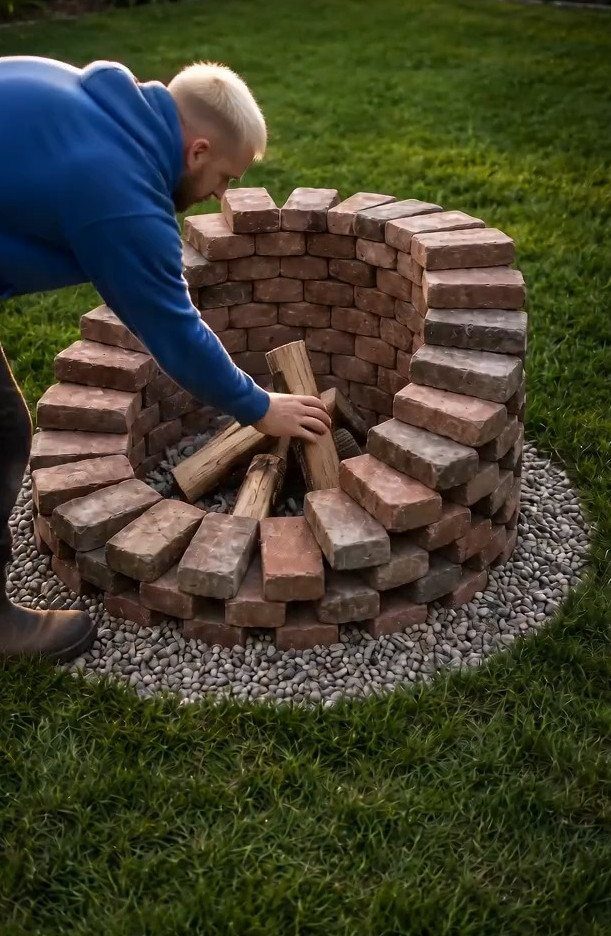 A man placing wooden logs into a circular fire pit made of stacked red bricks.