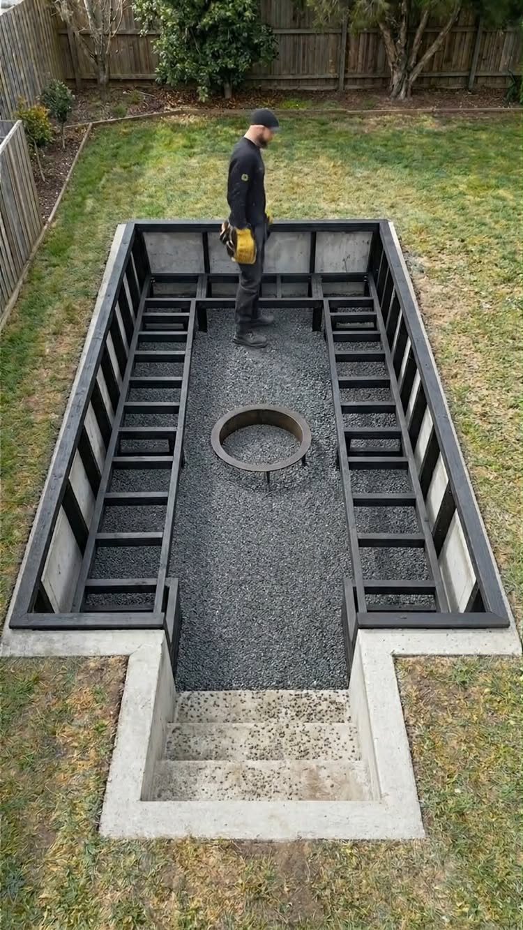 A man standing inside a large rectangular sunken concrete conversation circle with a central fire ring.
