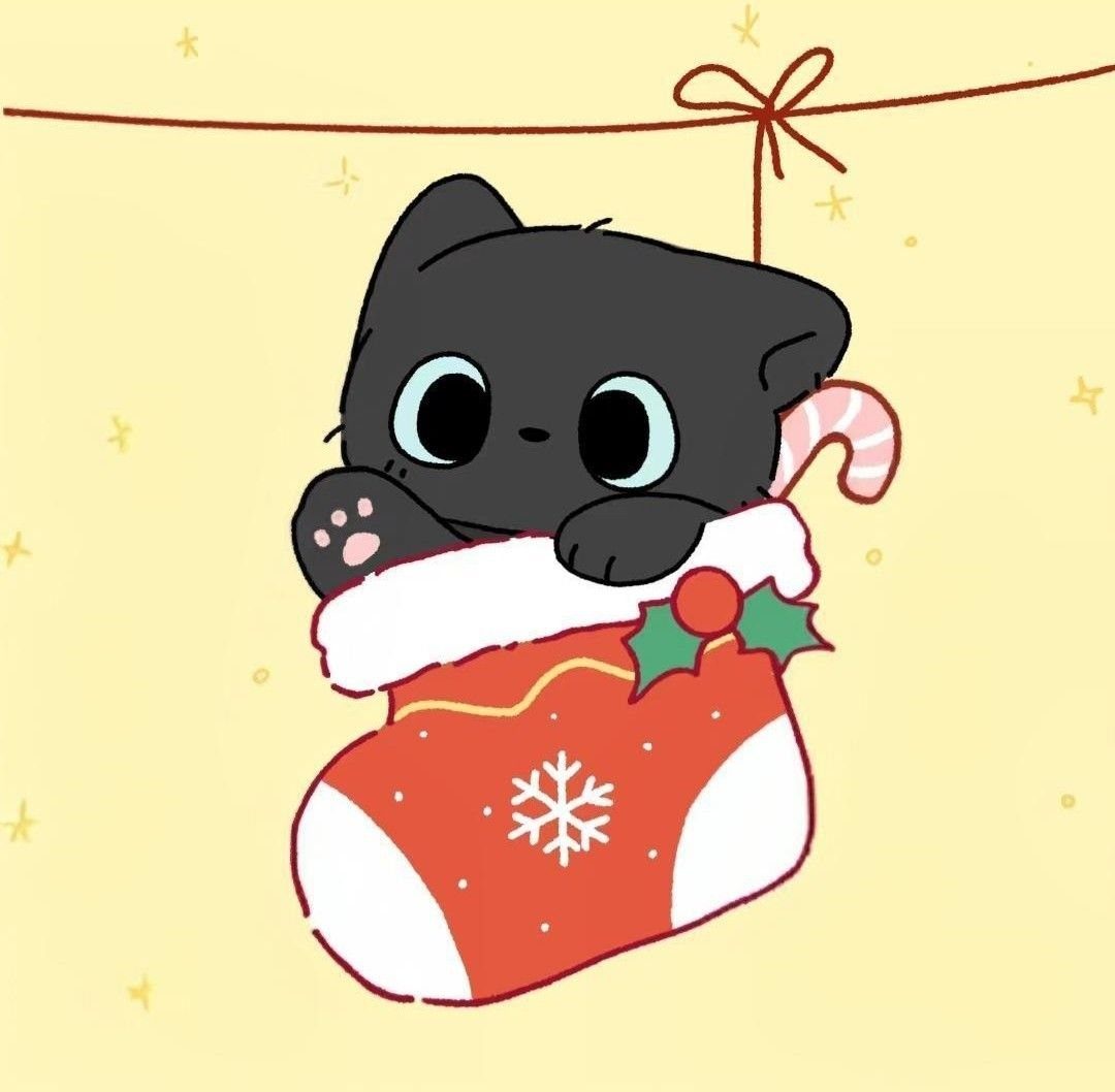 6 Christmas Cats Pfp Ideas to Try This Season 6 Cartoon black kitten peeking out of a red Christmas stocking decorated with holly and a snowflake.