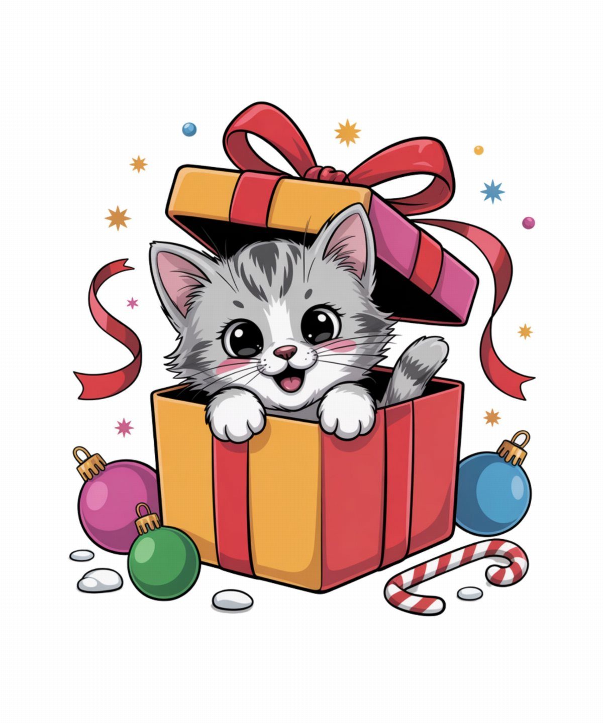 6 Christmas Cats Pfp Ideas to Try This Season 4 Cartoon grey kitten peeking out from a festive yellow and red gift box with ornaments.