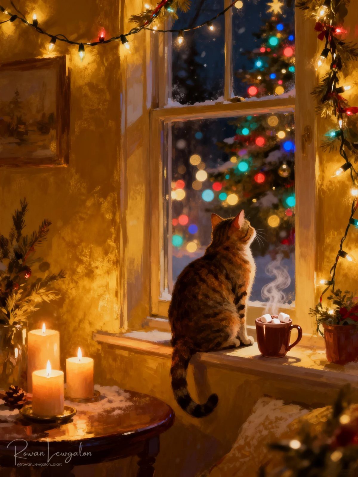6 Christmas Cats Pfp Ideas to Try This Season 3 A tabby cat sits on a windowsill looking at a glowing Christmas tree through a window.