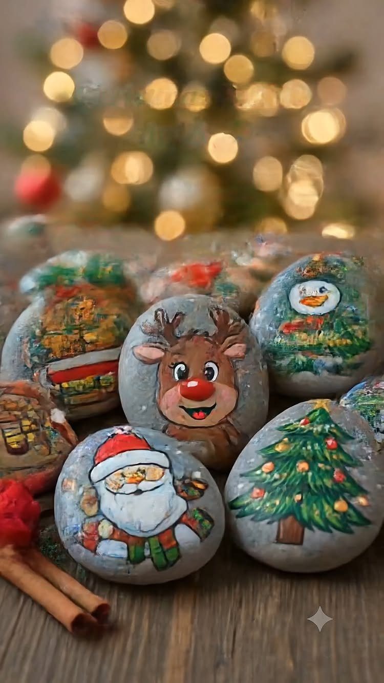Painted Christmas rocks featuring a reindeer, Santa, snowman, and a decorated tree on wood.