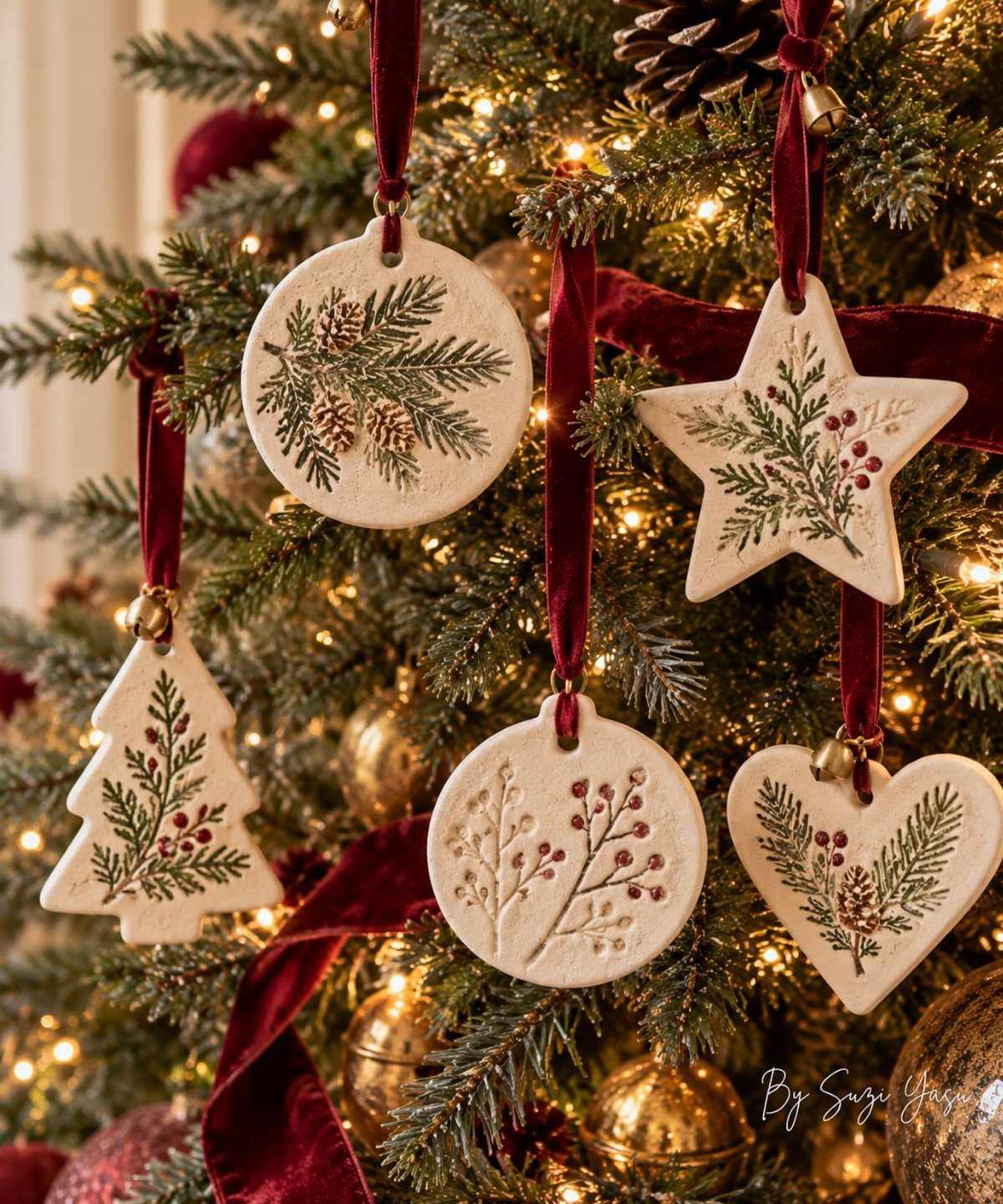 Salt dough ornaments in various shapes hanging on a decorated Christmas tree.