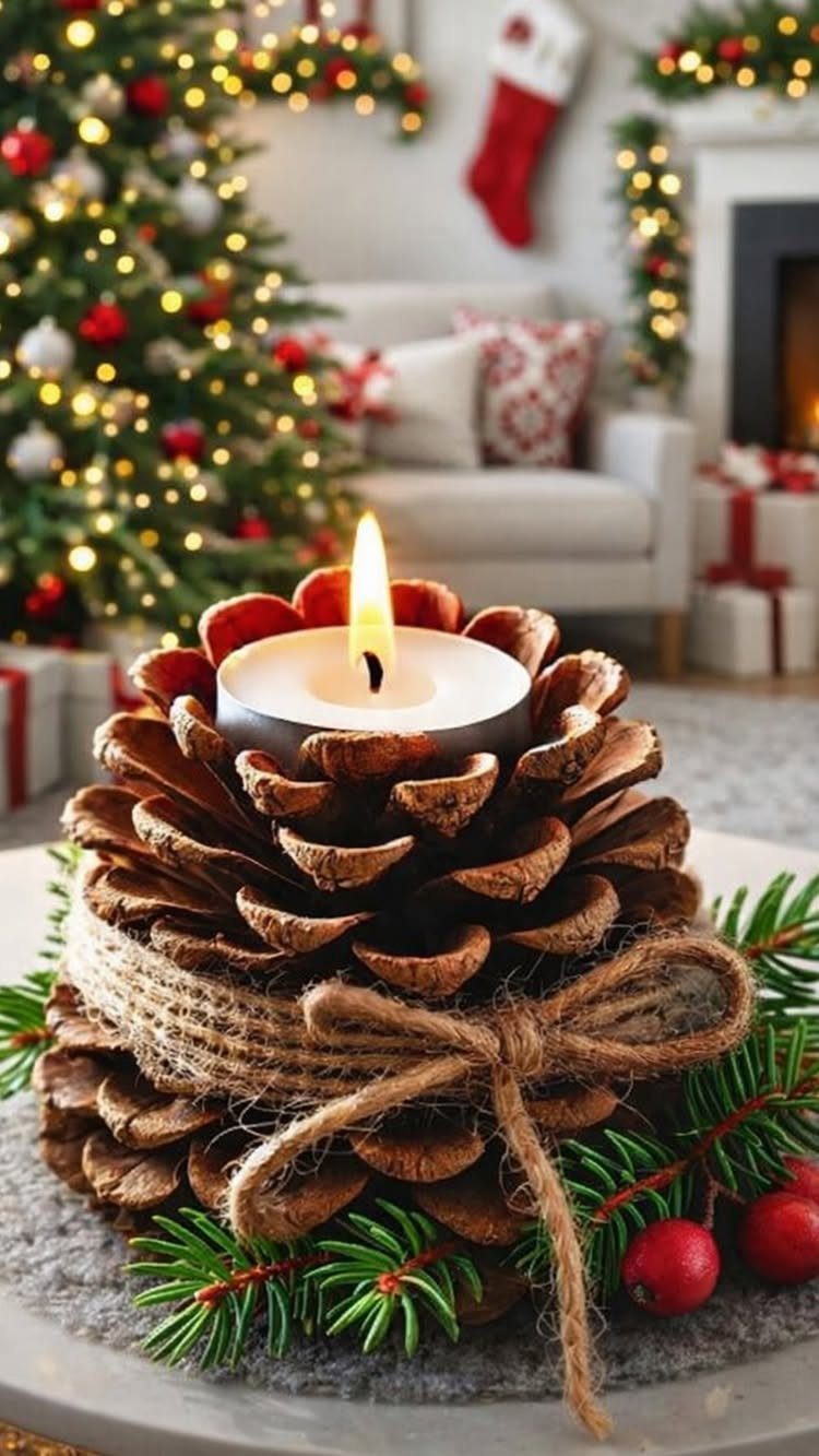 A lit tea light candle nestled inside a large pinecone decorated with twine and greenery.