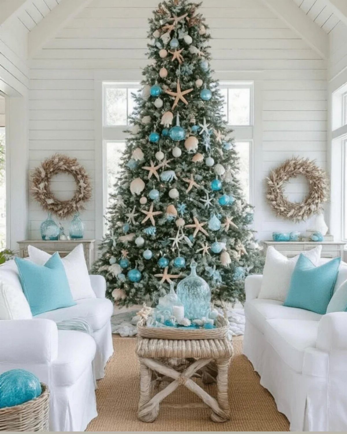 A Christmas tree decorated with blue ornaments and starfish in a bright white living room.