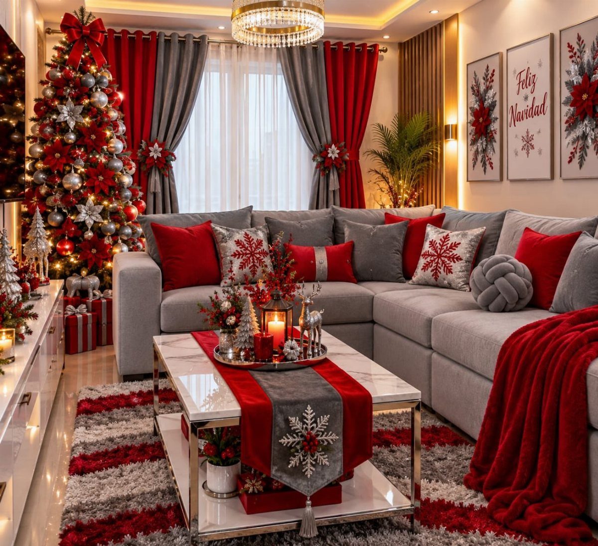 A living room decorated with red and grey Christmas ornaments, pillows, and a festive tree.