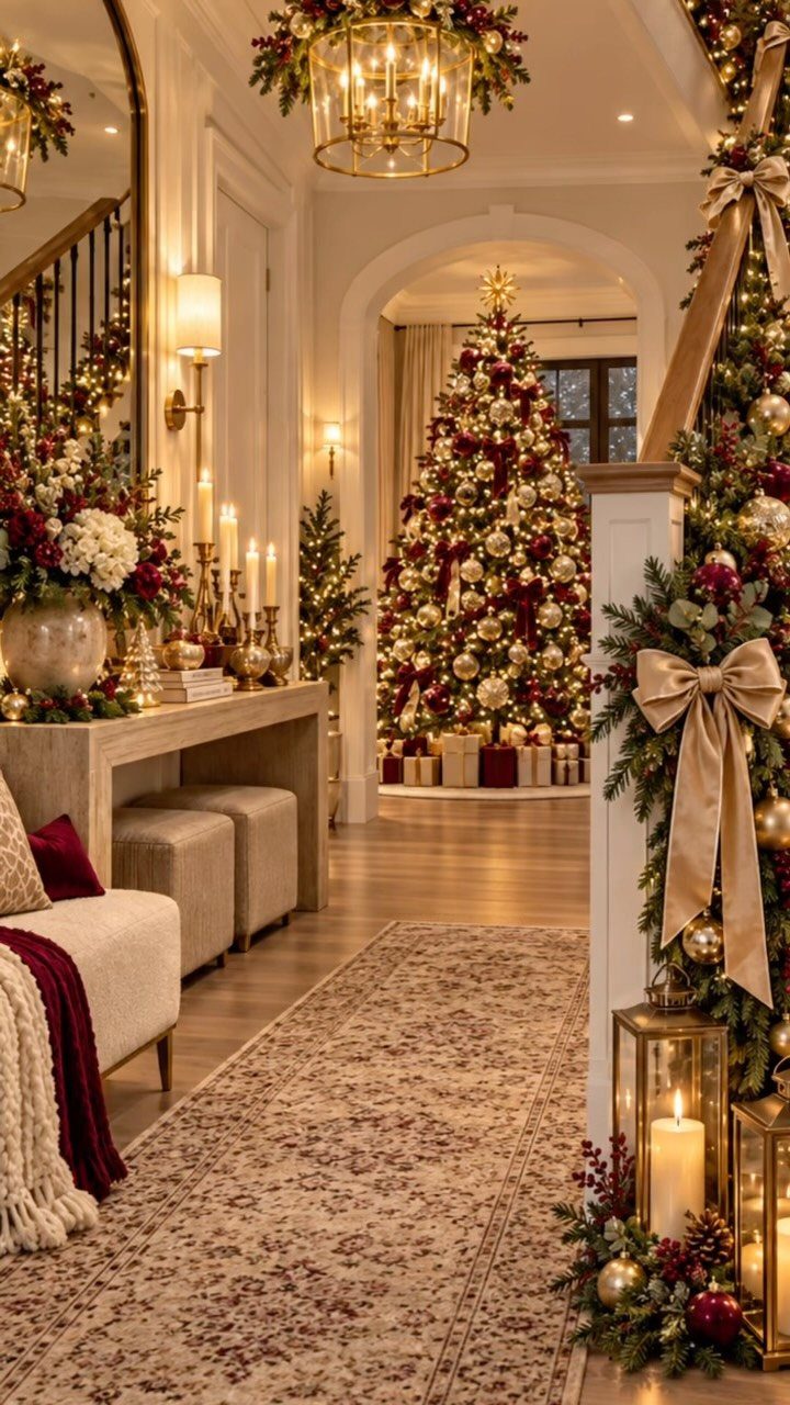 A gold chandelier decorated with festive greenery and red ornaments hanging in a decorated hallway.