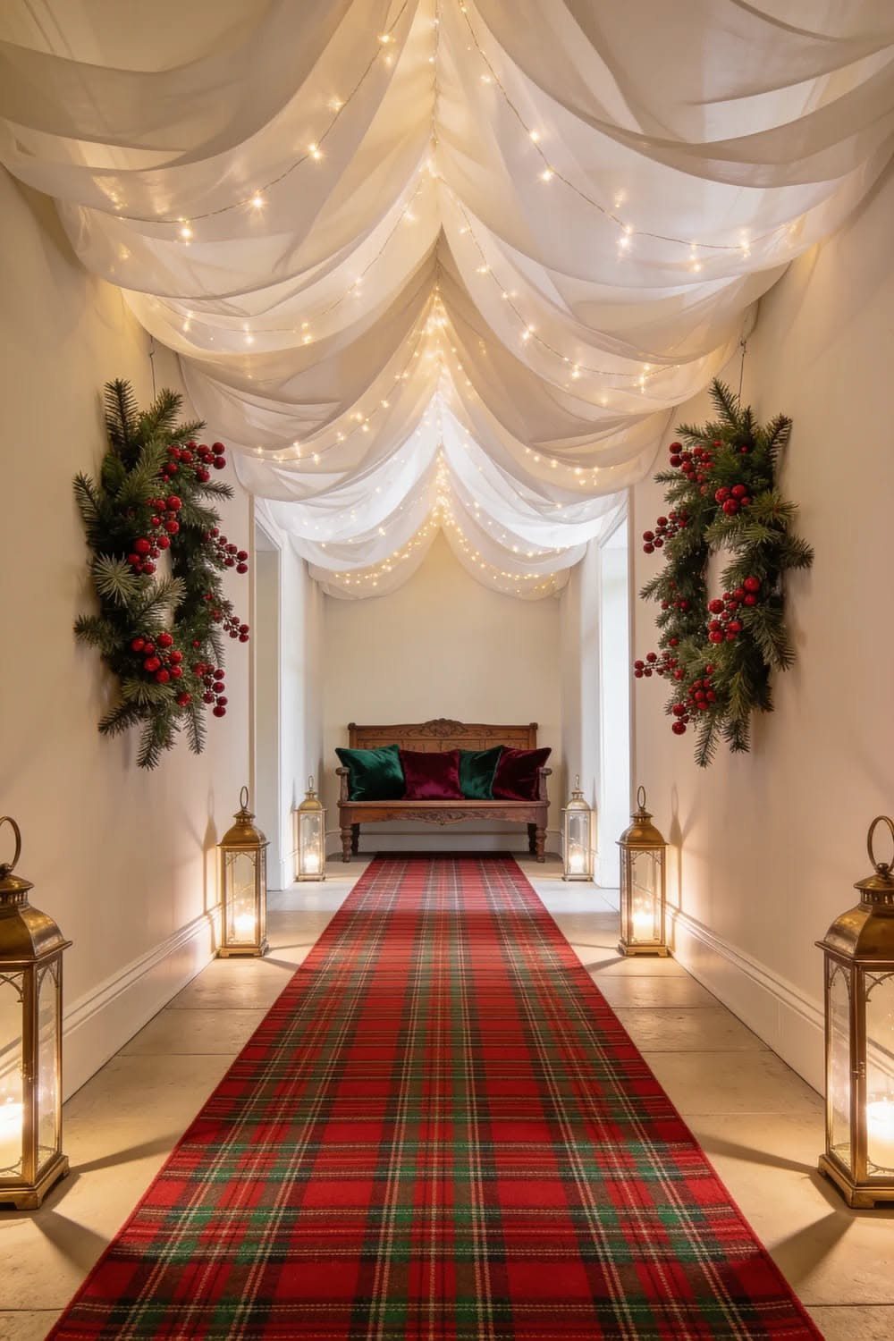 White fabric draped across a ceiling with twinkling fairy lights in a decorated hallway.