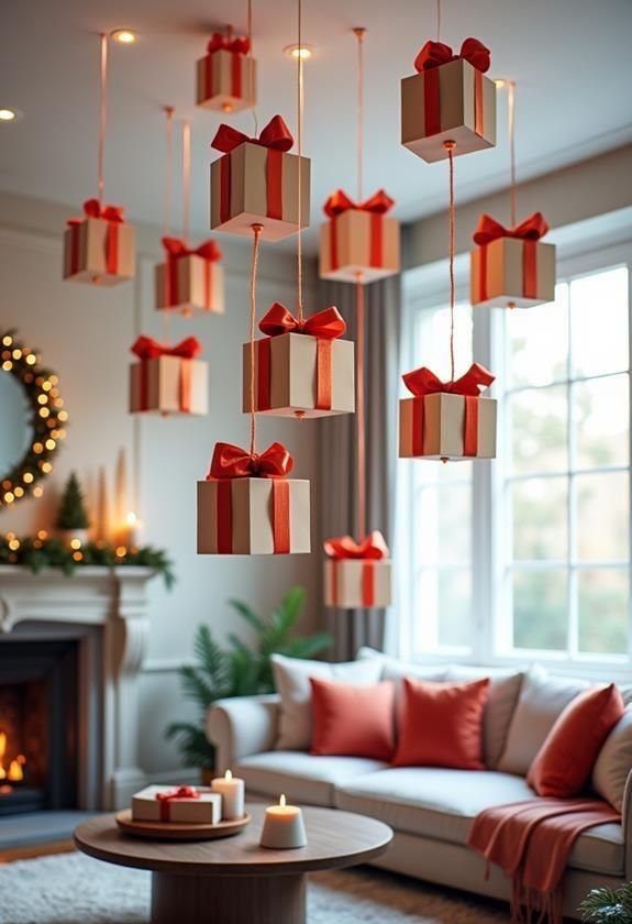 Cream-colored gift boxes with red ribbons hanging from a ceiling in a cozy living room.