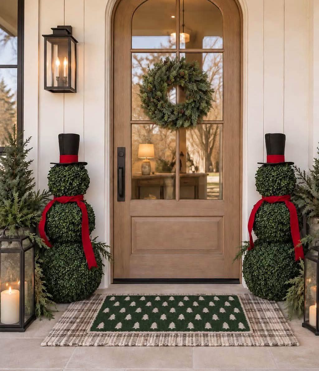 Two snowman-shaped topiary bushes with black hats and red scarves flanking a wooden front door.