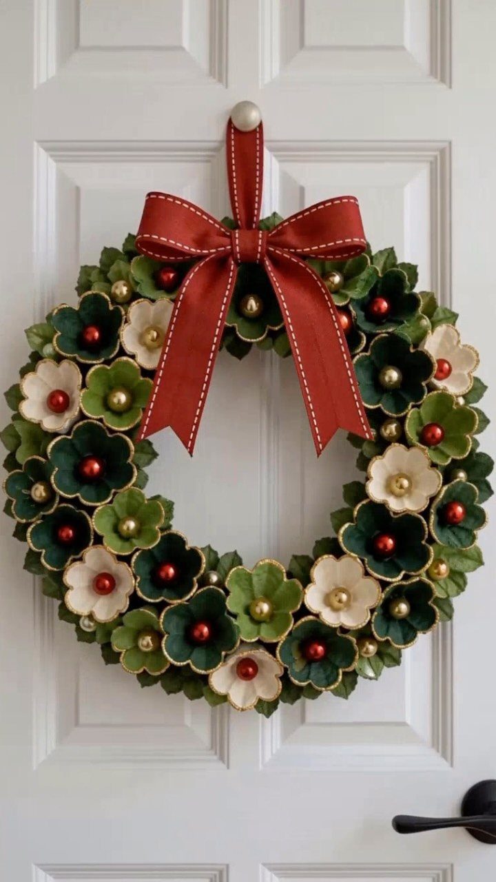 A decorative Christmas wreath made of green and cream flowers with a large red bow hanging on a door.