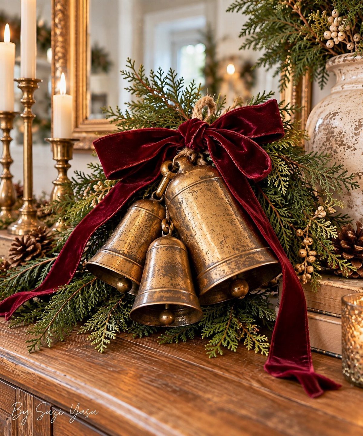 Three antique brass bells tied with a red velvet bow to evergreen branches.
