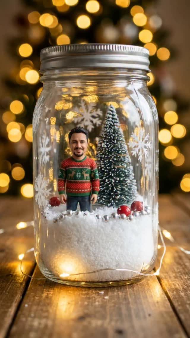 A mason jar snow globe containing a miniature man and a small Christmas tree.