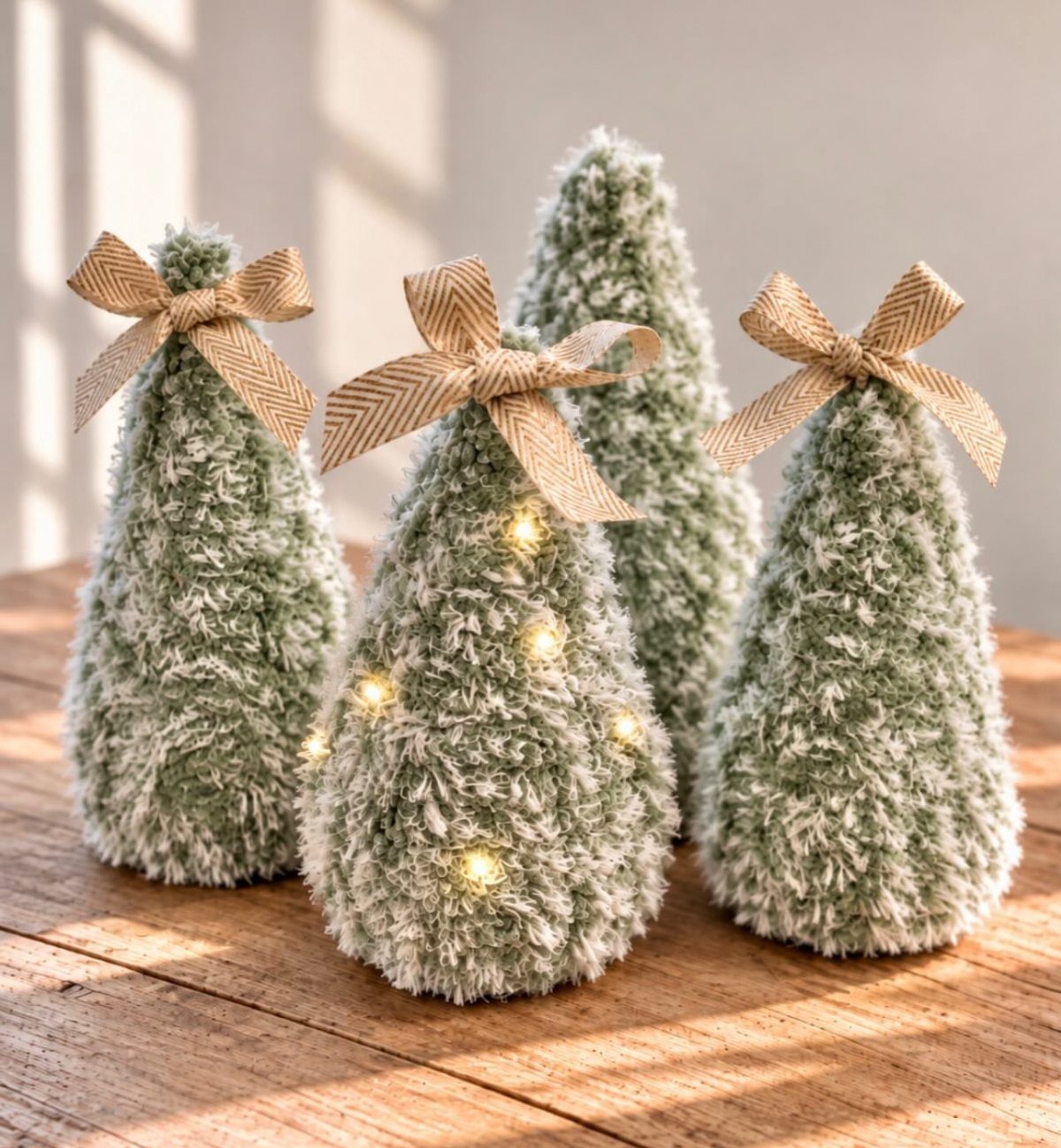 Four sage green yarn-covered cone trees with burlap bows sitting on a wooden surface.