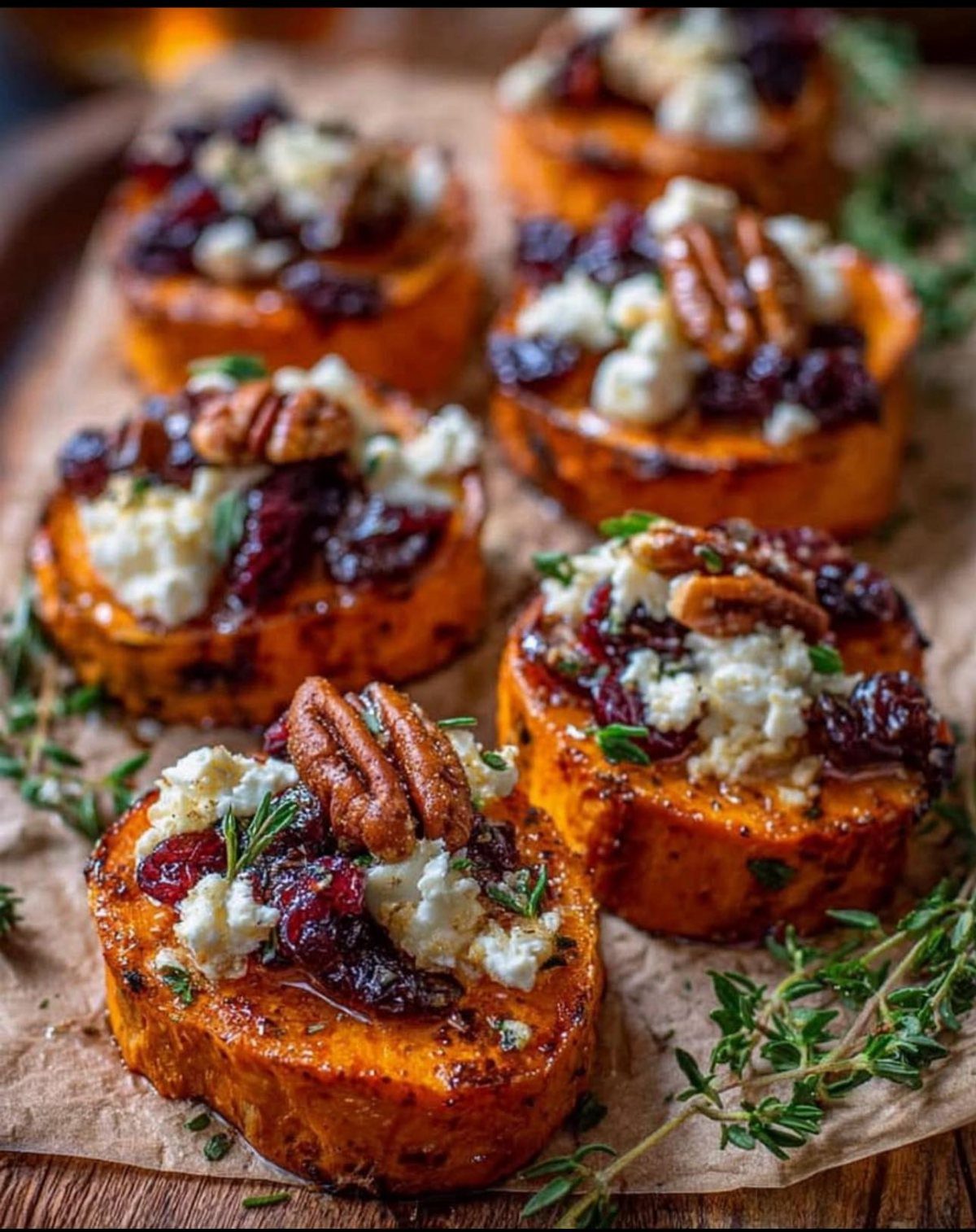 Roasted sweet potato slices topped with cheese, cranberries, pecans, and fresh thyme sprigs.