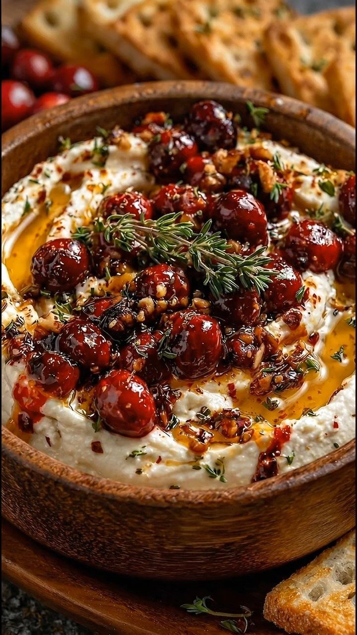 Whipped feta dip topped with roasted cherries and herbs in a wooden bowl with toasted bread.