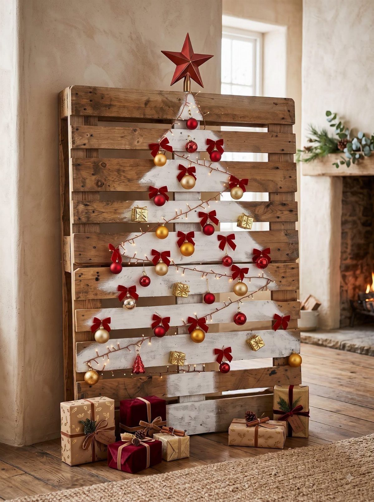 8 Christmas Tree Wall Ideas: String Lights to Pallet Builds 8 A wooden pallet decorated with white paint and ornaments to resemble a Christmas tree.
