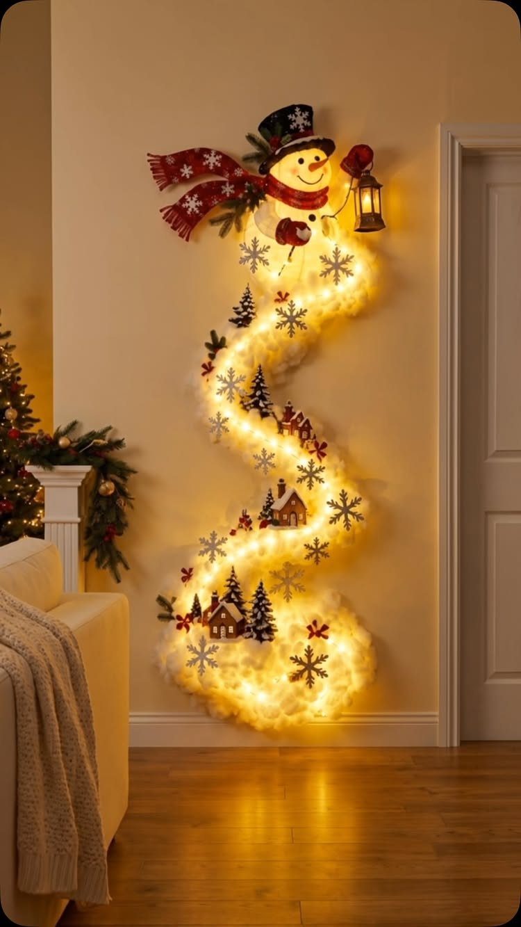 8 Christmas Tree Wall Ideas: String Lights to Pallet Builds 1 A glowing S-shaped string light wall decoration with snowflake ornaments on a beige wall.