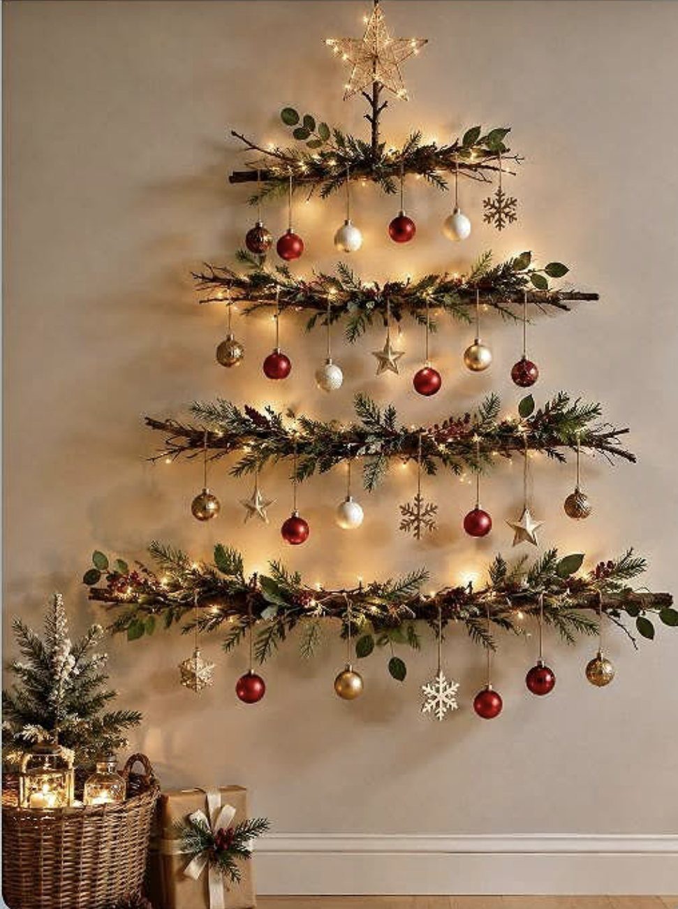 8 Christmas Tree Wall Ideas: String Lights to Pallet Builds 2 Weathered branches arranged in a tree shape on a wall, decorated with lights and ornaments.
